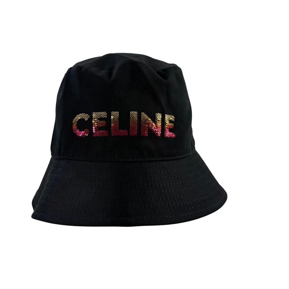 Celine Paris Black Cotton Bucket Hat Sequin Gradient Logo 2AUO1968P Size L NEW